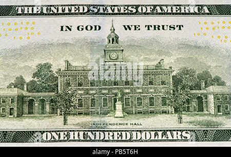 Die Independence Hall auf 100 US-Dollar Bank Note in 2009. Stockfoto