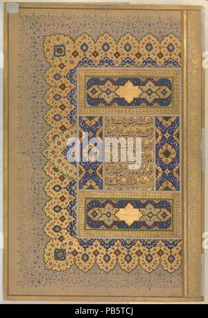 "Unwan von Shah Jahan Album. Kalligraph: Mir 'Ali Haravi (d. Ca. 1550). Abmessungen: H.15 cm. (38,7 cm) W. 10 3/8 in. (26,4 cm). Datum: recto: Ca. 1630-40; Verso: Ca. 1540. Ein Manuskript oft geöffnet mit einem 'unwan, eine üppige Doppel-seite Zusammensetzung framing Spalten der Text. Zu diesem Imperial album, Text aus einer Abhandlung über Kalligraphie von Mir 'Ali, der gefeierte penman der frühen sechzehnten Jahrhundert Timurid Gericht von Herat beginnen, wurde auf ein Folio eingefügt und mit mehreren Grenzen der verschwenderischen Beleuchtung eingerichtet. Das Schreiben selbst ist mit Wolkenartigen blasen, um die Min Stockfoto