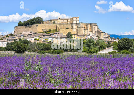Dorf Grignan auf einem Hügel mit Lavendel, Provence, Frankreich, Dorf mit Schloss Château de Grignan, in Drôme gelegen, Region Auvergne-Rh ône Stockfoto
