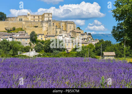 Dorf Grignan auf einem Hügel mit Lavendel, Provence, Frankreich, Dorf mit Schloss Château de Grignan, in Drôme gelegen, Region Auvergne-Rh ône Stockfoto