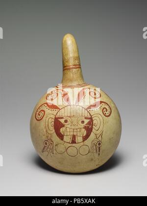 Pendelarm. Kultur: Moche. Maße: Gesamt: 10 cm. (27.31 cm) Andere: 6 7/8 in. (17,5 cm). Datum: 3.-5. Jh.. Moche cornpoppers oder Schöpflöffel, haben eine linsenförmige Körper und einem Griff auf einer Seite befestigt. In der Erwägung, dass einige Griffe ein Hornlike Form haben, die meisten haben einen menschlichen oder tierischen Kopf an der Extremität. Die Form dieser Schiffe war vielleicht aus ähnlichen Behältern aus Flasche Kürbis abgeleitet. Cornpoppers sind selten in nationalen Kontexten gefunden. Sie wurden als Grabbeigaben Angebote und wahrscheinlich als Trinkgefäße bei Ritualen verwendet. Vielen cornpoppers wurden in geräumigen Zimmern auf der Oberseite des m entdeckt Stockfoto