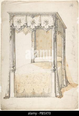 Design für ein Bett und ein Baldachin. Künstler: Charles Hindley und Söhne (Briten, London 1841-1917 London). Maße: Blatt: 10 9/16 x 10 3/8 in. (26,8 x 26,3 cm). Datum: 1841-1917. Museum: Metropolitan Museum of Art, New York, USA. Stockfoto