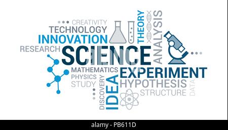 Wissenschaft, Forschung und Innovation tag cloud mit Symbole und Konzepte Stock Vektor