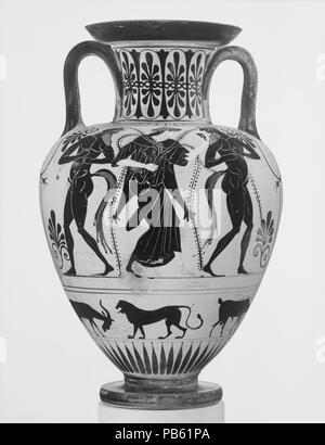 Terrakotta Neck-Amphora (jar). Kultur: Griechisch, Dachboden. Abmessungen: H. 16 5/8 in. (42,2 cm), Durchmesser 10 cm. (27,3 cm). Datum: Ca. 490 v. Chr.. Vorderseite, Krieger, Reverse, Satyrn und Kleophrades maenad Obwohl die Maler der rot-Abbildung Technik überwiegend eingesetzt, Er war vertraut mit schwarz-Abbildung, wie durch seine Panathenaic preis Amphoren angegeben. Während die Dekoration der Vase, die Beispiele für den späten sechsten Jahrhundert v. Chr., die Fluidität der Schnitt ähnlich ist, die Erbringung von Schwänzen die Satyrn', und die Prozession von Tieren ohne Artikulation einsetzbare Anzeige gezeichnet Stockfoto