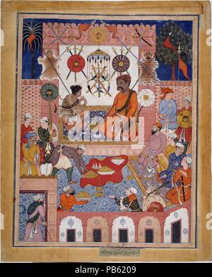 Bin isbah der Lebensmittelhändler bringt der Spion Parran zu seinem Haus', Folio aus einem Hamzanama (Die Abenteuer des Hamza). Artist: zugeschrieben; Dasavanta Mithra zugeschrieben. Abmessungen: H.27 cm. (70,8 cm) W. 21 5/8 in. (54,9 cm). Datum: Ca. 1570. Das Hamzanama erzählt die Abenteuer des Hamza, ein Onkel des Propheten Muhammad, ein legendärer Verteidiger des Glaubens. Dieses Gemälde zeigt Misbah auf der rechten und auf der linken Seite Parran, wie Sie plot Hamza des entführten Sohn zu retten. Es stammt aus einer Mehrbändigen, groß angelegte Kopie des Textes für den Kaiser Akbar, die etwa fünfzehn Jahren nahm Stockfoto