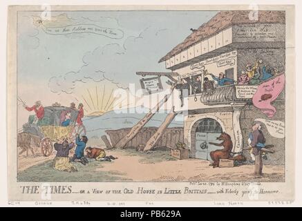 Die Zeiten - oder einen Blick auf das alte Haus im Little Brittain - Mit Niemand nach Hannover. Artist: Thomas Rowlandson (Briten, London 1757-1827 London). Maße: Blatt: 9 1/2 x 13 7/8 in. (24,2 × 35,2 cm). Erschienen in: London. Herausgeber: William Humphrey (British, 1742?-vor 1814). Betrifft: Charles James Fox (British, 1749-1806); Georgiana Cavendish, Herzogin von Devonshire (Britisch, Wimbledon, Surrey 1757-1806 Devonshire); Frederick North, 2. Earl von Guilford (British, 1732-1792); Georg III., König von Großbritannien und Irland (Briten, London 1738-1820 Windsor); Das Recht auf Edmun Stockfoto