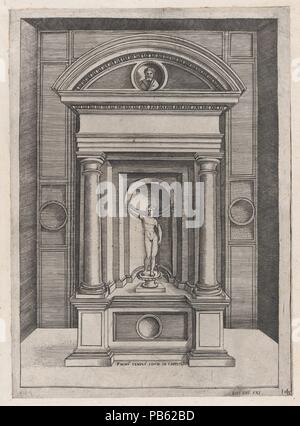 Speculum romanae Magnificentiae: Der Altar von Jupiter in der ältesten Tempel auf dem Kapitol. Artist: zugeschrieben, Agostino Veneziano (Agostino dei Musi) (Italienisch, Venedig Ca. 1490 - nach 1536); nach Rom (?) Raphael (Raffaello Sanzio oder Santi) (Italienisch, Urbino 1483-1520 Rom). Abmessungen: Mount: 18 1/8 x 10 5/8 in. (46 x 27 cm): 11 5/8 x 8 3/8 in. (29,5 x 21,2 cm). Herausgeber: Antonio Salamanca (Salamanca 1478-1562 Rom). Serie/Portfolio: Speculum romanae Magnificentiae. Datum: Ca. 1514-36. Dieser Ausdruck stammt aus der Kopie für das Museum von Speculum romanae Magnificentiae (Der Spiegel der Römischen Stockfoto