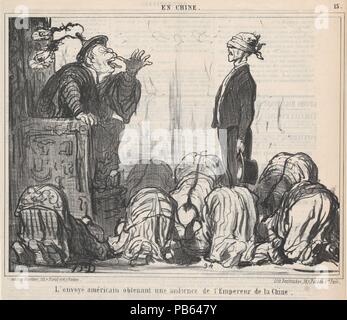 L'Américain envoyé obtenant une Publikum de l'Empereur de la Chine...., von En Chine, in Le Charivari, 21. Oktober 1859 veröffentlicht. Artist: Honoré Daumier (Französisch, Marseille 1808-1879 Valmondois). Abmessungen: Bild: 8 7/8 x 11 5/16 in. (22,5 × 28,7 cm) Blatt: 14 in. × 11 9/16 in. (35,6 × 29,4 cm). Drucker: destouches (Paris). Herausgeber: Aaron Martinet (Französisch, 1762-1841). Serie/Portfolio: En Chine. Datum: 21.Oktober 1859. Museum: Metropolitan Museum of Art, New York, USA. Stockfoto