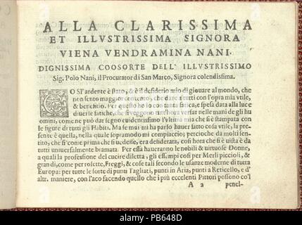 Corona delle Donne Nobili et wirbelnden Rondothema fort: Libro I-IV, Seite 2 (Vorderseite). Abmessungen: Insgesamt: 5 1/2 x 7 11/16 in. (14 x 19,5 cm). Erschienen in: Venedig. Herausgeber: Cesare Vecellio (Italienisch, Pieve di Cadore 1521-1601 Venedig), Venedig. Datum: 1601. Von Cesare Vecellio, Italienisch, Pieve di Cadore 1521-1601 Venedig, Venedig veröffentlicht. Engagement Seite in Schwarz, mit dekorativen Holzschnitt-initiale 'C' gedruckt. Museum: Metropolitan Museum of Art, New York, USA. Stockfoto