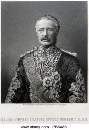 Generalmajor Charles George Gordon Portrait 1833 - 1885, auch als chinesische Gordon Gordon Pascha, und Gordon von Khartoum bekannt, war ein britischer Offizier in der Armee und Administrator, antike Gravur von 1884 Stockfoto