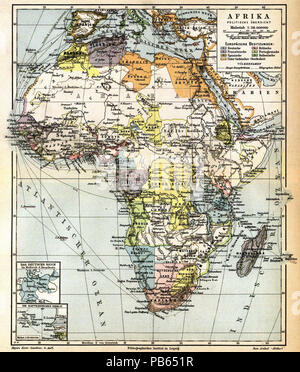 . Deutsch: Karte "Afrika, politische Übersicht" (1:38.000.000), Nebenkarten: "Das Deutsche Reich im Kundennr. d. Hauptkarte" und "Die Kapverdischen Inseln"; farbig hervorgehoben ist europäischer Kolonialbesitz Englisch: Meyers Konversationslexikon - Vol.1 - Karte Seite 148 - Afrika - Politische Übersicht. Von 1885 bis 1890 1021 Meyers b1 s 0148 b Stockfoto