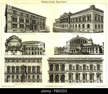 . English: Tafel: Berliner Bauten zum Artikel "Berlin", Bildunterschriften: Kunstgewerbe-Museum (M. Gropius) Reichsbank (F. Hitzig) Königl. Zeughaus (Neubau von Hitzig) Anhaltischer Bahnhof (F. Schwechten) Pringsheims Haus Ebe (u. Benda) Borsigs Haus (R. Lucae) Englisch: Meyers Konversationslexikon - Vol.2 - Platte zu Seite 754 - Gebäude in Berlin. Von 1885 bis 1890 1033 Meyers b 2 s 0754 a Stockfoto