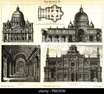 . English: Tafel Baukunst XI-Renaissance, Bildunterschriften: 2 sterben. S. Peter zu Rom. Frontaufriss 5. S. Peter zu Rom, Grundriss, begonnen 1506 von Bramante, Fortges. von Raffael, Peruzzi, San Gallo u. 1546 von Michel Angelo, vollend. 1667 von Bernini 3. S. Peter zu Rom, längenschnitt 4. S. Peter zu Rom. Innenansicht 1. Der Certosa von Pavia, Frontaufriss betteln. 1473 (Liste sortiert in Lese-Reihenfolge; Transkription: Siehe Webseite Retrobibliothek.de [1]) Englisch: Meyers Konversationslexikon - Vol.2 - Platte XI Seite 481 - Architektur (Transkription: Siehe Website Retrobibliothek.de [1])? A b Stockfoto