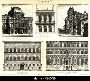 . English: Tafel Baukunst XII - Renaissance (2 sterben. Seite), Bildunterschriften: 4. Pavillon de l'Horloge (Sully) des Louvre zu Paris. Begonnen von Lemercier 1524 3. Bibliothek S. Marco zu Venedig. Erbaut von Jacopo Sansovino 1536 2. S. Zaccaria zu Venedig. Erbaut 1457 - 1515 von Martino Lombardo 1. Palast Strozzi zu Florenz. Erbaut 1483 von Benedetto da majano 5. Otto-Heinrichsbau des Strapaziert zu Heidelberg. Erbaut 1556 - 1559 (Liste sortiert in Lese-Reihenfolge; Transkription: Siehe Webseite Retrobibliothek.de [1]) Englisch: Meyers Konversationslexikon - Vol.2 - Platte XII auf Seite 481-Architec Stockfoto