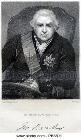 Sir Joseph Banks Portrait, 1st Baronet, 1743-1820 war ein englischer Naturforscher, Botaniker und Patron der Naturwissenschaften, antike Gravur von 1829 Stockfoto