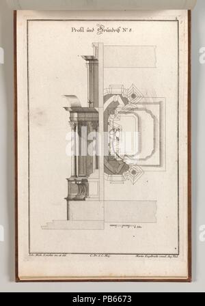 Grundriss und Seitenansicht eines Altars, Platte h (2) von "Unterschiedliche Neu Inventierte Altäre mit darzu gehörigen Profillen U. Grundrißen.". Artist: Johann Michael Leüchte (Deutsch, aktive Augsburg, gestorben 1759). Abmessungen: Insgesamt: 8 7/16 x 13 3/4 in. (21,5 × 35 cm). Herausgeber: Martin Engelbrecht (Deutsch, Augsburg 1684-1756 Augsburg). Datum: gedruckt werden kann. 1750-56. Ornament drucken mit der Seitenansicht und der Raumplan für das Design für einen Altar in der vorherigen Ausdrucken (Altar in einer spätbarocken Stil, mit einem großen architektonischen reliquiar von einem Kreuz gekrönt und durch die Abbildung o flankiert Stockfoto