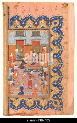 "Eine Szene der Geselligkeit am Hof', Folio aus einem Divan (Gesammelte Werke) von Mir 'Ali Shir Nava' ich. Kalligraph: Qasim 'Ali von Shiraz. Abmessungen: Malerei: H. 9. (22,9 cm) W. 5 7/8 in. (14,9 cm) Seite: H.10 cm. (27 cm) W. 6 1/2 in. (16,5 cm) Matte: H.19 cm. (48,9 cm) W. 14 1/4 in. (36,2 cm). Datum: 1580. Mir'Ali Shir Nava 'Ich war ein Staatsmann, Mäzen, und gefeierten Meister der Chaghatayid türkische Poesie. Diese bazm (fest) Szene ist der rechten Folio eines Doppelten - Seite Zusammensetzung; die andere Seite zeigt die Vorbereitung auf ein Fest. Hier ein Prinz ist auf einer Plattform sitzt Stockfoto