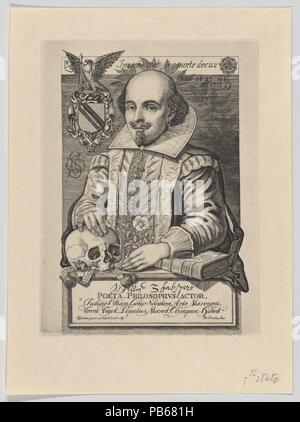 William Shakespeare. Künstler: Charles William Sherborn (Briten, London 1831-1912 London). Abmessungen: Platte: 6 1/4 x 4 9/16 in. (15,8 × 11,6 cm) Blatt: 8 7/16 x 5 7/8 in. (21,5 x 15 cm). Drucker: Thomas Brooker (Briten, aktive 1840-77). Sitter: William Shakespeare (Britisch, Stratford-upon-Avon 1564-1616 Stratford-upon-Avon). Datum: 1876. Von der berühmten gemeißelte Bildnis in der Holy Trinity Church in Stratford-upon-Avon, das Porträt zeigt Shakespeare trug ein wams, winged Kragen, Ohrring und Spitzbart. Lorbeeren hinter dem Kopf Form einer säkularen Halo, und das Thema wird durch emblema umgeben Stockfoto