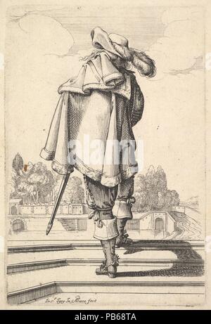 Ein Gentleman, von hinten gesehen, bis zu Fuß eine Attika, mit einem Umhang über seine linke Schulter, trägt einen gefiederten Hut und Stiefel mit Sporen. Artist: Abraham Bosse (Französisch, Touren 1602/1604-1676 Paris); Nach Jean de Mussy (Französisch, Rouen Ca. 1595/1600 -1647 Paris). Maße: Blatt: 7 7/16 x 5 1/16-in. (18,9 × 12,8 cm) Platte: 5 9/16 x 3 3/4 in. (14,1 × 9,5 cm). Serie/Portfolio: Der Garten des französischen Adels, in denen man wählen können, Ihre Art und Weise sich zu kleiden (Le Jardin de la Noblesse Françoise dans lequel ce peut ceuillir Leur maniere de Vettements). Datum: 1629. Museum: Metropolitan Museum der Kunst Stockfoto