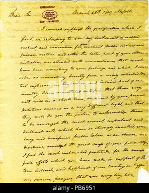 910 Brief unterzeichnet Larkin Smith zu Thomas Jefferson, 28. März 1809 Stockfoto