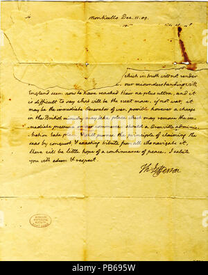 912 unterzeichneten Brief von Thomas Jefferson, John Monroe, 11. Dezember 1809 Stockfoto