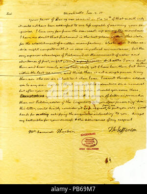 904 Brief von Thomas Jefferson, Monticello, zu Samuel Thurber, 2. Januar 1815 Stockfoto