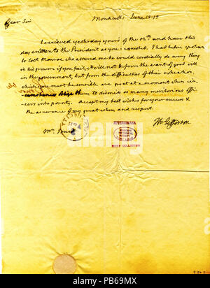 912 unterzeichneten Brief von Thomas Jefferson, Monticello, Charles Jouett, 15. Juni 1815 Stockfoto