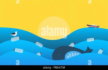 Poster mit ökologischen Thema: Kunststoff Verschmutzung in den Ozean. Der Wal mit Plastikflaschen in Magen, die Seabird sitzen auf fließenden Kunststoff Flasche Stock Vektor