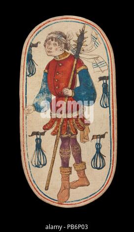 Bube Anbindehaltung, aus den Kreuzgängen Karten spielen. Kultur: Süden Niederländischen. Abmessungen: 5 3/16 x 2 3/4 in. (13,2 x 7 cm). Datum: Ca. 1475-80. Die Klöster von zweiundfünfzig Karten stellt die einzige bekannte ganzes Deck von beleuchteten gewöhnlichen Spielkarten (im Gegensatz zu tarot Karten) aus dem 15. Jahrhundert. Es gibt vier Farben, die jeweils aus einem König, Dame, Bube und Zehn Zahlenkarten. Die Farbzeichen, an Geräten mit der Jagd verbunden, sind Jagdhörner, Hundehalsbänder, hound Anbindehaltung, Spiel und Schlingen. Der Wert des PIP-Karten ist durch entsprechende Wiederholungen der t angegeben Stockfoto