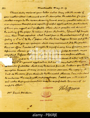 912 unterzeichneten Brief von Thomas Jefferson, Monticello, David McClure, 19. Mai 1819 Stockfoto