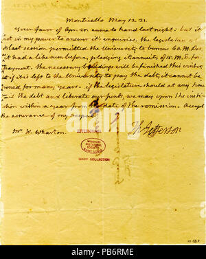 913 unterzeichneten Brief von Thomas Jefferson, Monticello, William Wharton, 13. Mai 1821 Stockfoto