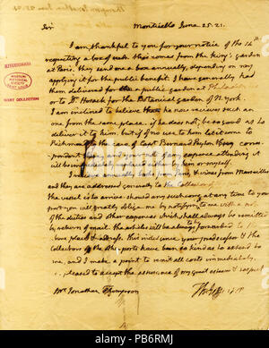 913 unterzeichneten Brief von Thomas Jefferson, Monticello, Jonathan Thompson, 25. Juni 1821 Stockfoto