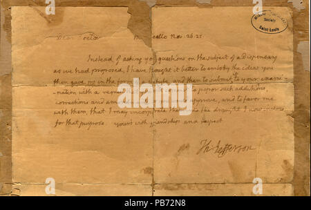 913 unterzeichneten Brief von Thomas Jefferson, Monticello, Dr. (Dunglison), 26. November 1825 Stockfoto