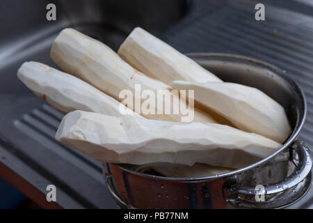 Maniok (Manihot esculenta) (Spanisch: mandioca, Guarani: mandi'o), wurzeln in der Schüssel geschält, auf Waschmaschine Spülbecken, Draußen, Asuncion, Paraguay Stockfoto