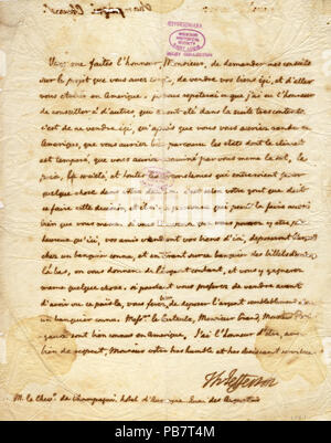 912 unterzeichneten Brief von Thomas Jefferson an Le Chavallier de Champagni, 19. Januar 1787 Stockfoto