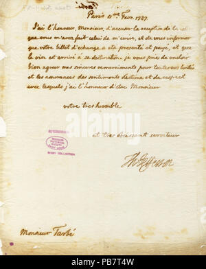 912 unterzeichneten Brief von Thomas Jefferson an M. Tarbe, 11. Februar 1787 Stockfoto