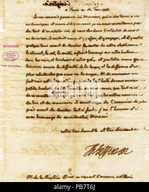 913 unterzeichneten Brief von Thomas Jefferson, Paris, von Herrn de la Vingtrie, 12. Februar 1788 Stockfoto