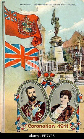 . Englisch: Postkarte des Maisonneuve Monument, auf dem Place d'Armes in Montreal, Quebec, Kanada, auch zum Gedenken an die Krönung von König George V. 1911 eine Version des Red Ensign Kanadas und der Union Jack sind auch auf der Karte dargestellt. Français: Carte postale illustrant le monument Maisonneuve situé sur la Place d'Armes à Montréal, Québec, Kanada, et commémorant également Le couronnement De 1911 du roi George V. Sind aussi présentées de Versionen du Red Ensign canadien et de l'Union Jack. ca. 1911 1221 Postkarte von Maisonneuve Denkmal und Krönung Stockfoto