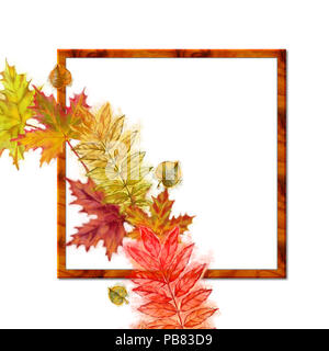 Herbstliche Vorlage mit quadratischen Rahmen und lässt die Hälfte Kranz. Aquarell Herbst Blätter für Print, Ankündigung, Karten etc. Stockfoto