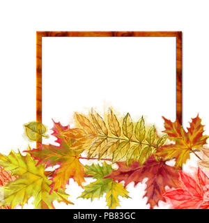 Quadratischen Rahmen Vorlage mit Herbstlaub Kranz gemalt in Aquarell. Blätter im Herbst Kranz Vorlage mit Text kopieren Raum isoliert auf Weiss. Stockfoto