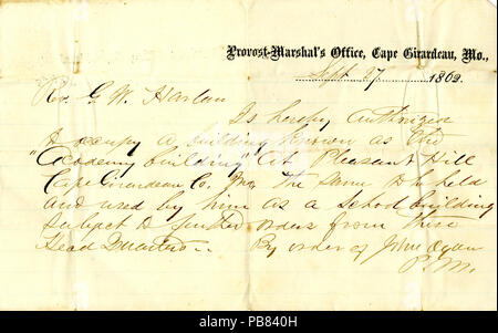 1119 Anmerkung von John (OG), S. M. (Provost Marshall), Propst Marschallamt, Cape Girardeau, MO. auf Rev. G. W. Harlan, 27. September 1862 Stockfoto