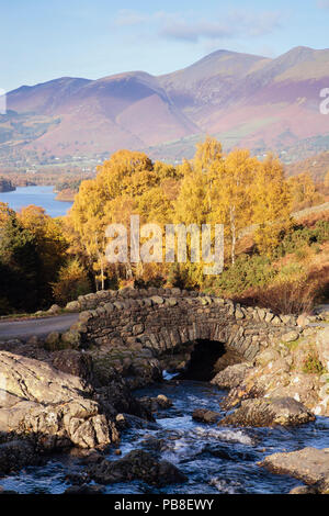 Ashness Brücke und Stream mit Bäumen im Herbst, Derwent Water und den Berg Skiddaw jenseits in Lake District National Park. Keswick Cumbria England Großbritannien Stockfoto