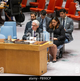 New York, USA. 27. Juli 2018. Untergeneralsekretär Mark Lowcock spricht während des UN-Sicherheitsrats treffen auf Syrien die humanitäre Entwicklung & Sutuation von Kindern im UN-Hauptquartier Credit: Lev radin/Alamy leben Nachrichten Stockfoto