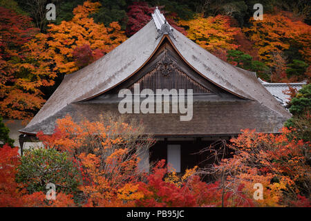 Dach mit Holzschindeln einer Halle Gebäude an Nanzen-ji-buddhistische Tempelanlage in farbenfrohen Herbstlandschaft, traditionelle Japanische Architektur Detail Stockfoto