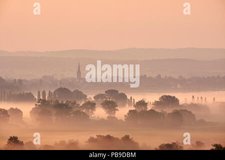 Am frühen Morgen Nebel nach Sonnenaufgang über dem radolfzeller Aachried hinter Bodensee mit der Stadt Radolfzell Stockfoto