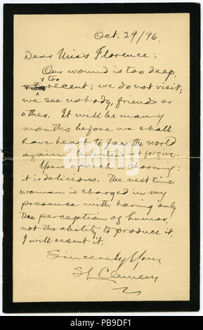 912 Brief unterzeichnet SL Clemens zu verpassen, Florenz (Hayward), 1 Walton Place, London S.W., 29. Oktober 1896 Stockfoto