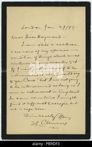 912 Brief unterzeichnet SL Clemens, London, zu Miss Hayward (Florenz Hayward), 29. Januar 1897 Stockfoto