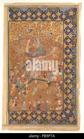 "Entertainment in einem Garten", Folio aus einem khamsa von Amir Khusrau Dihlavi, Matla' al-Anvar. Autor: Amir Khusrau Dihlavi (1253-1325). Abmessungen: Insgesamt. 12 5/8 x 7 1/8 in. (32,1 x 18,1 cm) Abmessungen der Malerei: 9 5/8 x 5 3/4 in. (24,4 x 14,6 cm) Abmessungen der Malerei: 13 5/8 x 8 1/4 in. (34,6 x 21 cm). Datum: Zweite Hälfte des 16. Jahrhunderts. Herrscher manchmal halb-öffentlichen bazms (feste), bei denen eine große Anzahl von Gästen statt. Hier das Lineal ist auf einem sechseckigen Plattform auf einem Baum sitzt und von Abfrageplätzen begleitet. Diese whimsical Darstellung von Outdoor bazm verfügt über hübsche Details wie childre Stockfoto