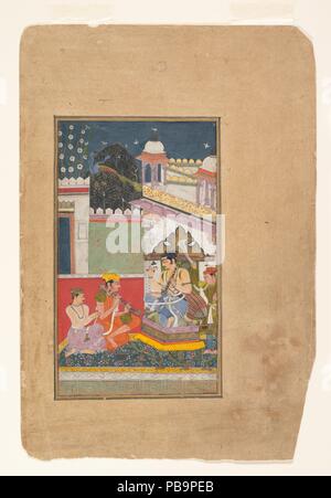 Shri Raga: Folio aus einem ragamala Serie (Garland musikalischer Modi). Kultur: Indien (rajasthan, Bundi). Abmessungen: 8 1/4 x 4 3/4 in. (20,9 x 12,1 cm). Datum: Mitte des 17. Jahrhunderts. Hier der Herrscher gesehen wird, spielt ein Rudra Vina, die von zwei Musikern begleitet. Diese seltene Darstellung der Herrscher als Interpret erscheint in Gemälden aus der Bundi und Kota Gerichte. Die Arbeit auch Referenzen der Fall Harvest Festivals, eine Zeit zum Entspannen und Feiern. Die komplexe Architektur und das Juwel - wie Behandlung der blühende Baum sind typische von Bundi Malerei. Museum: Metropolitan Museum of Art, New York, U Stockfoto