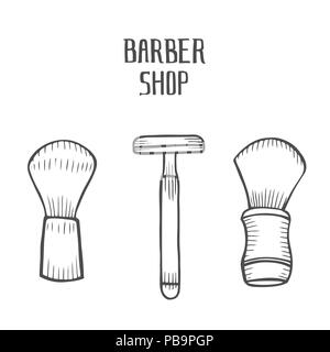 Vintage Style Rasur Zubehör Set Razor und Pinsel Hand zeichnen Skizze. Doodle Zeichnung für Barbershop Vector Illustration Stock Vektor